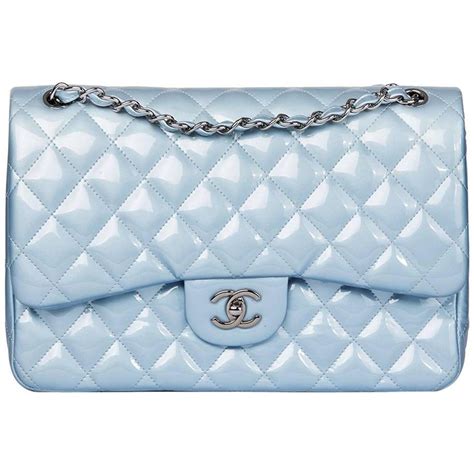 CHANEL Patent Quilted Jumbo Double Flap Blue 